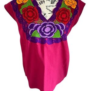 Embroidered Floral Pink Top, Mexican Blouse, Hot Pink Blouse, Women’s Blouse Sm